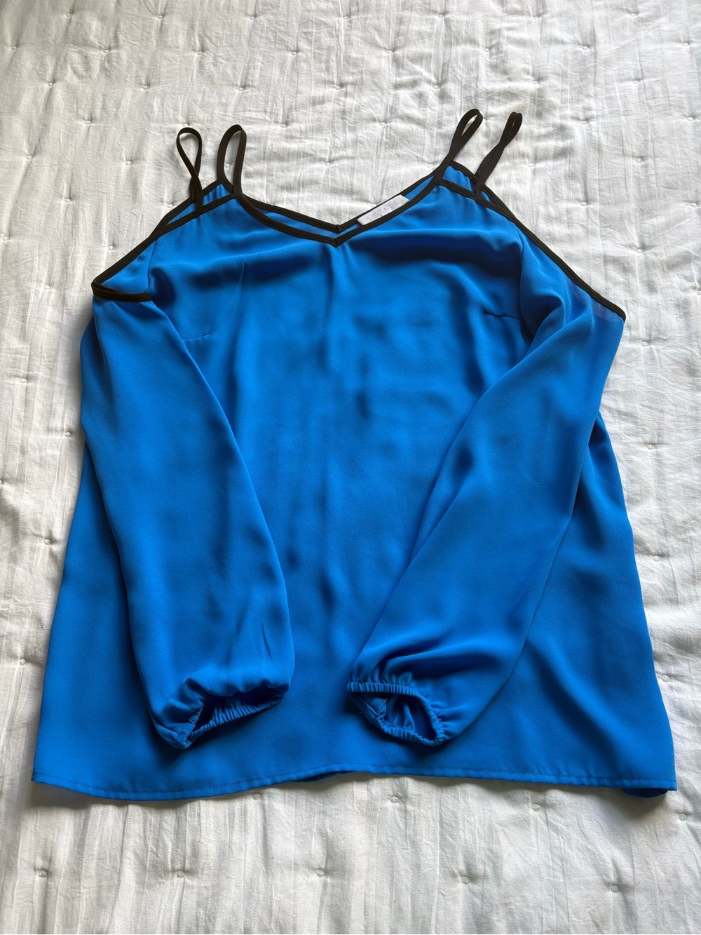 1. State Royal Blue Cold-Shoulder V-Neck Top with Black Trim
